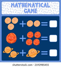 Education game for children fun addition by guess the correct number of cute cartoon mercury mars saturn. Printable worksheet