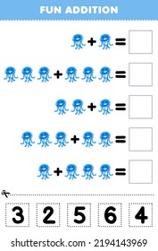 Education game for children fun addition by cut and match correct number for cute cartoon blue jellyfish animal printable worksheet