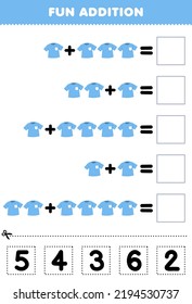 Education game for children fun addition by cut and match correct number for cartoon wearable clothes blue t shirt printable worksheet