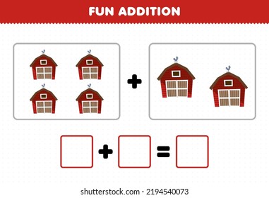 Education game for children fun addition by counting cute cartoon barn pictures printable farm worksheet