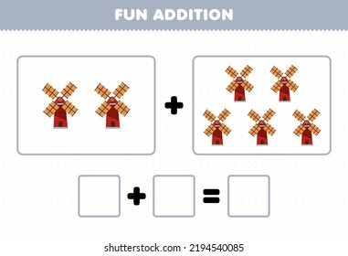 Education game for children fun addition by counting cute cartoon windmill pictures printable farm worksheet