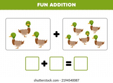 Education game for children fun addition by counting cute cartoon duck pictures printable farm worksheet