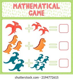 Education game for children fun addition by guess the correct number of cute cartoon dinosaurs. Printable worksheet. Vector illustrtion