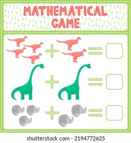 Education game for children fun addition by guess the correct number of cute cartoon dinosaurs. Printable worksheet