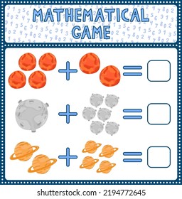 Education game for children fun addition by guess the correct number of cute cartoon mars moon saturn. Printable worksheet