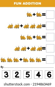 Education game for children fun addition by cut and match correct number for cute cartoon prehistoric dinosaur xenoceratops printable worksheet