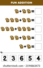 Education game for children fun addition by cut and match correct number for cute cartoon prehistoric dinosaur fossil printable worksheet