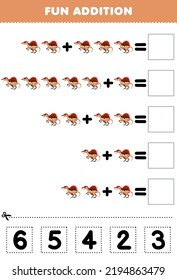 Education game for children fun addition by cut and match correct number for cute cartoon prehistoric dinosaur spinosaurus printable worksheet