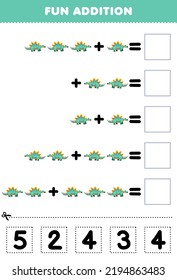 Education game for children fun addition by cut and match correct number for cute cartoon prehistoric dinosaur stegosaurus printable worksheet