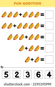 Education game for children fun addition by cut and match correct number for cartoon food hotdog printable worksheet