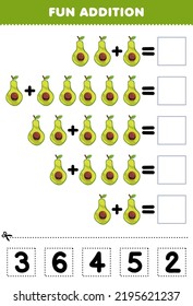 Education game for children fun addition by cut and match correct number for cartoon avocado fruit printable worksheet