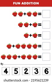 Education game for children fun addition by cut and match correct number for cartoon apple fruit printable worksheet