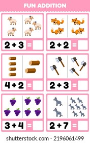 Education game for children fun addition by counting and sum of cute cartoon sheep fox log ax grape donkey printable farm worksheet