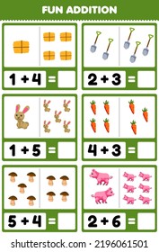 Education game for children fun addition by counting and sum of cute cartoon hay hoe rabbit carrot mushroom pig printable farm worksheet