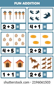 Education game for children fun addition by counting and sum of cute cartoon bird egg nest kennel dog printable farm worksheet