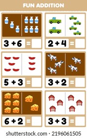 Education Game For Children Fun Addition By Counting And Sum Of Cute Cartoon Milk Truck Sausage Cow Cheese Barn Printable Farm Worksheet