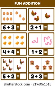 Education game for children fun addition by counting and sum of cute cartoon egg chicken hen chick rooster worm coop printable farm worksheet