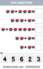 Education game for children fun addition by cut and match correct number for cartoon music instrument castanet printable worksheet