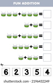 Education game for children fun addition by cut and match correct number for cartoon music instrument drum printable worksheet