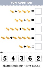 Education game for children fun addition by cut and match correct number for cartoon music instrument trumpet printable worksheet