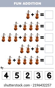 Education game for children fun addition by cut and match correct number for cartoon music instrument violin printable worksheet