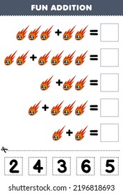 Education game for children fun addition by cut and match correct number for cute cartoon comet printable solar system worksheet