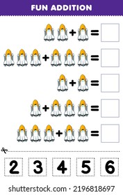 Education game for children fun addition by cut and match correct number for cute cartoon spaceship printable solar system worksheet