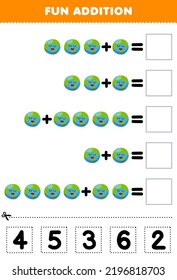 Education game for children fun addition by cut and match correct number for cute cartoon earth planet printable solar system worksheet