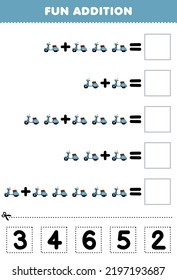 Education game for children fun addition by cut and match correct number for cute cartoon scooter bike printable transportation worksheet