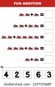 Education game for children fun addition by cut and match correct number for cute cartoon motorbike printable transportation worksheet
