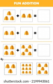 Education game for children fun addition by cut and match of cute cartoon haystack pictures for printable farm worksheet