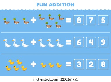 Education Game For Children Fun Addition By Guess The Correct Number Of Cute Cartoon Duck Duckling Goose Printable Farm Worksheet