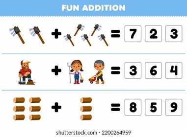 Education game for children fun addition by guess the correct number of cute cartoon ax woodcutter farmer wood log printable farm worksheet
