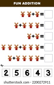 Education game for children fun addition by cut and match correct number for cartoon windmill printable farm worksheet