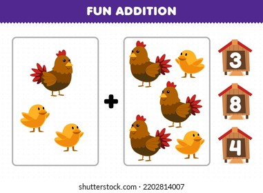 Education game for children fun addition by count and choose the correct answer of cute cartoon chicken hen and chick printable farm worksheet