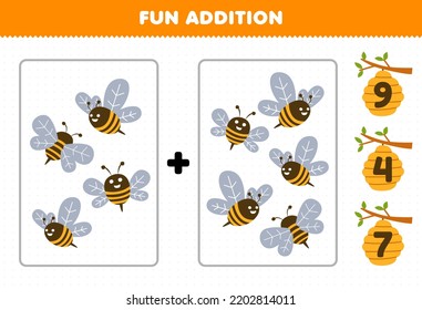 Education game for children fun addition by count and choose the correct answer of cute cartoon bee printable farm worksheet