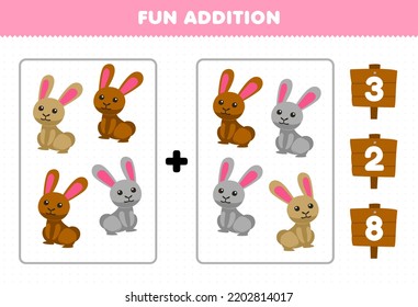 Education game for children fun addition by count and choose the correct answer of cute cartoon rabbit printable farm worksheet