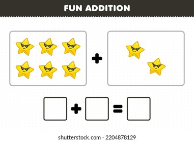 Education game for children fun addition by counting cute cartoon star pictures printable solar system worksheet