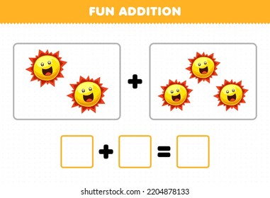 Education game for children fun addition by counting cute cartoon sun pictures printable solar system worksheet