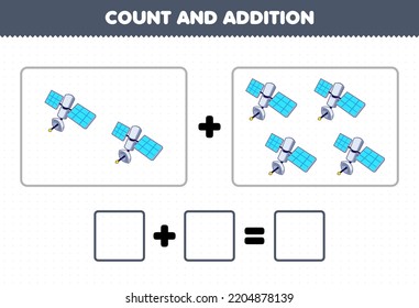 Education game for children fun addition by counting cute cartoon satellite pictures printable solar system worksheet