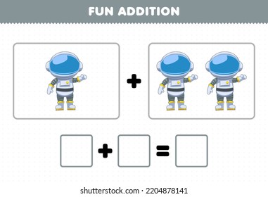 Education game for children fun addition by counting cute cartoon astronaut pictures printable solar system worksheet