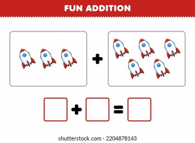 Education game for children fun addition by counting cute cartoon rocket pictures printable solar system worksheet