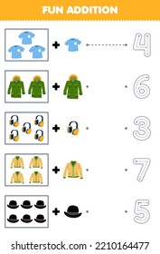 Education game for children fun addition of cartoon t shirt jacket headphone cardigan derby hat then choose the correct number by tracing the line clothes worksheet