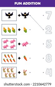 Education game for children fun addition of cartoon crow corn pig carrot rabbit then choose the correct number by tracing the line farm worksheet