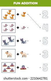 Education game for children fun addition of cartoon fox mouse cat sheep mole then choose the correct number by tracing the line farm worksheet