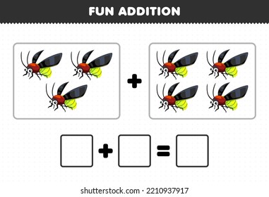 Education game for children fun addition by counting cute cartoon firefly pictures printable bug worksheet