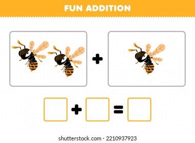 Education game for children fun addition by counting cute cartoon bee wasp pictures printable bug worksheet