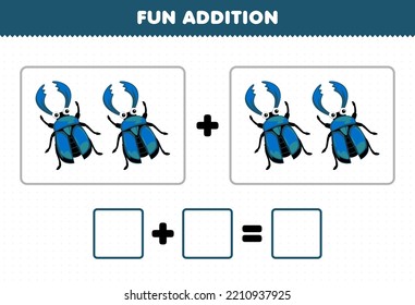 Education Game For Children Fun Addition By Counting Cute Cartoon Stag Beetle Pictures Printable Bug Worksheet