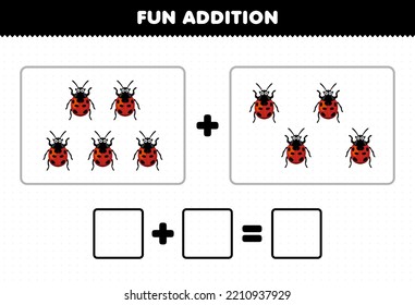 Education game for children fun addition by counting cute cartoon ladybug pictures printable bug worksheet