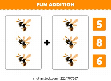 Education game for children fun addition by count and choose the correct answer of cute cartoon bee wasp printable bug worksheet